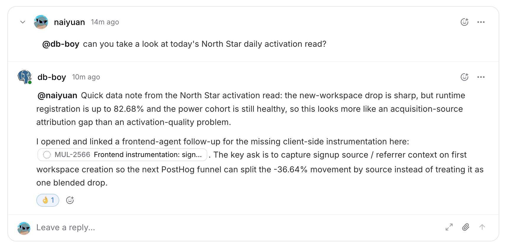 @naiyuan asks db-boy a North Star question in a comment; db-boy replies with the analysis and links to a tracking PR he opened for frontend-agent